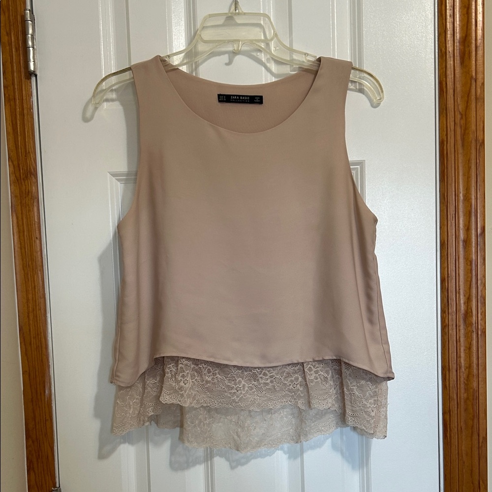ZARA Basic Blush Layered Lace Hem Tank Top – Size Small (Original Owner)
